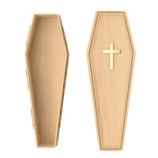 Photo of Wooden Coffin With Golden Cross and Handles. 3d Rendering