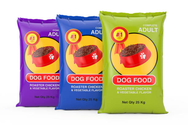 diseño de paquetes de bolsas de alimentos para perros. renderizado 3d - comida para perro fotografías e imágenes de stock