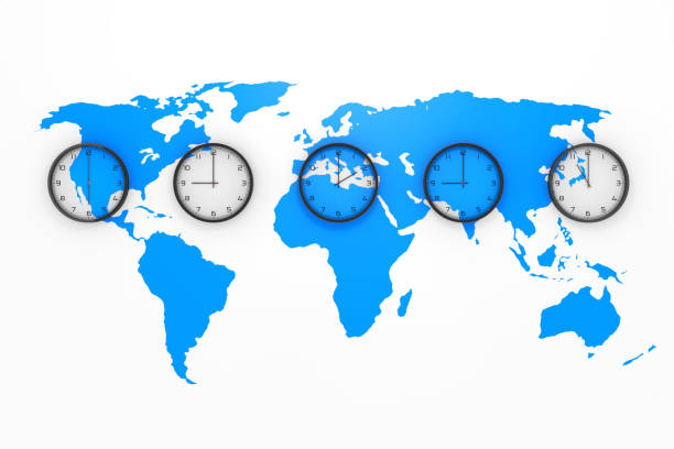 conjunto de relojes con diferente hora mundial con mapa del mundo azul. renderizado 3d - mapa de husos horarios fotografías e imágenes de stock