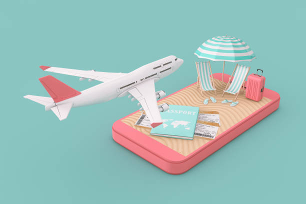 istock Booking Online Tickets Concept. White Jet Passenger's Airplane Flying Over Mobile Phone with Passport, Tickets and Sand Tropical Beach. 3d Rendering 1132076129