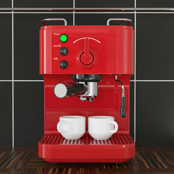 istock Closeup Red Espresso Coffee Making Machine in front of Black Tile Wall. 3d Rendering 1132076131