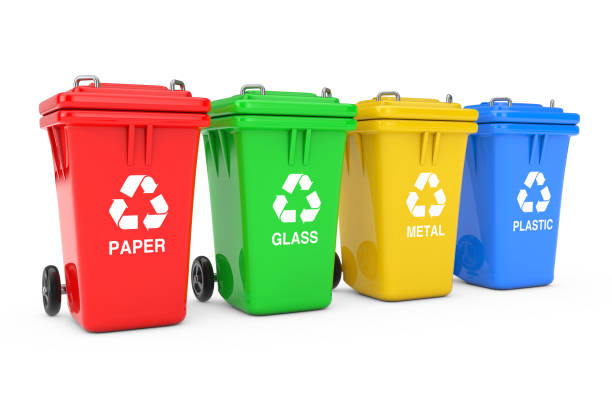 istock Red, Green, Yellow and Blue Recycle Bins with Recycle Symbol. 3d Rendering 1132076162