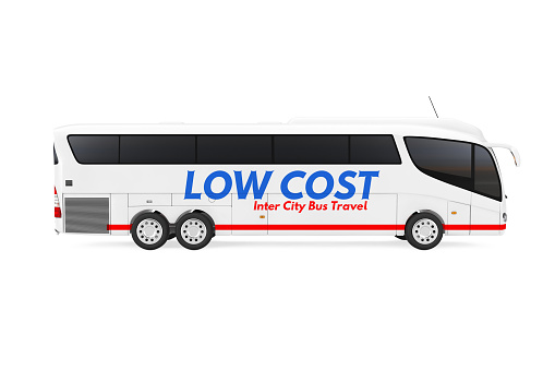 Big White Coach Tour Inter City Travel Bus with Low Cost Sign on a white background. 3d Rendering