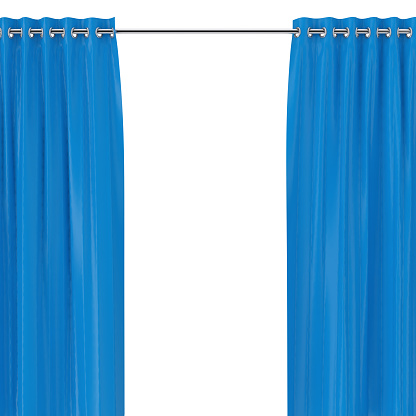 Blue Curtains with Eyelets on the Round Ledge on a white background. 3d Rendering