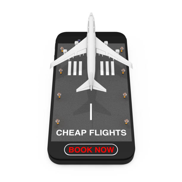 istock White Jet Passenger's Airplane Takeoff from Mobile Phone with Runway, Cheap Flights Sign and Book Now Button. 3d Rendering 1132076303