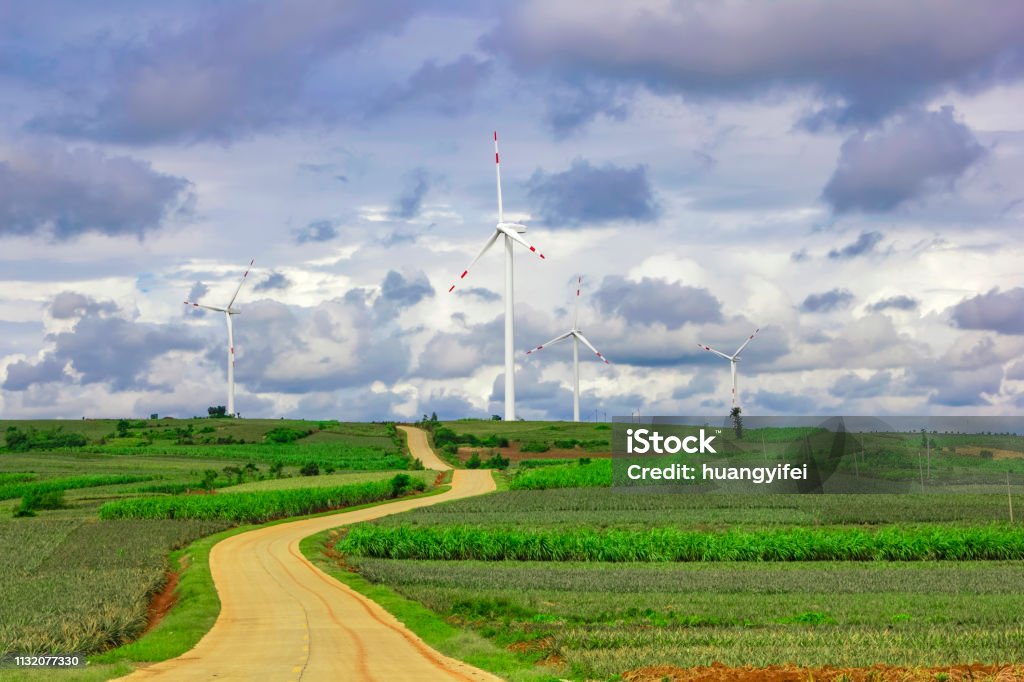 Highway pineapple farms in wind turbines Agriculture Stock Photo