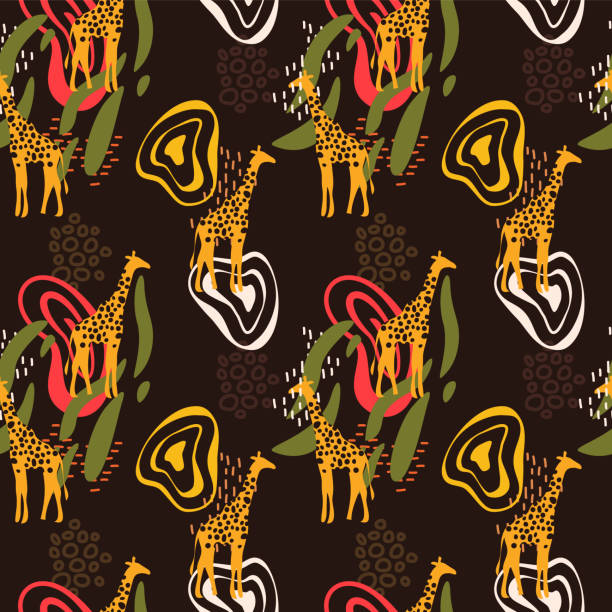 ilustrações de stock, clip art, desenhos animados e ícones de african print art seamless pattern with giraffe animal - giraffe print