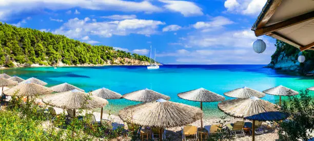 Photo of Alonissos island - beautiful organized beach Milia with turquoise waters, Sporades,Greece