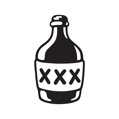 Cartoon bootle of moonshine with XXX label. Black and white drawing of alcohol bottle. Vector illustration.