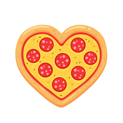 Heart shaped pepperoni pizza cartoon drawing isolated on white background. Funny pizza lovers vector illustration.