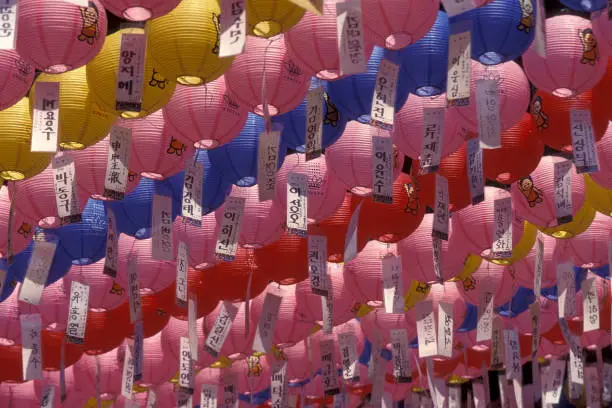 traditional lanterns at the Jogyesa temple in the city of Seoul in South Korea in EastAasia.  Southkorea, Seoul, May, 2006