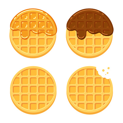 Cartoon round waffles illustration set. Plain, with chocolate and syrup. Traditional breakfast food vector illustration set.