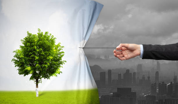 istock hand pulling nature cityscape curtain to gray cityscape 1132080417
