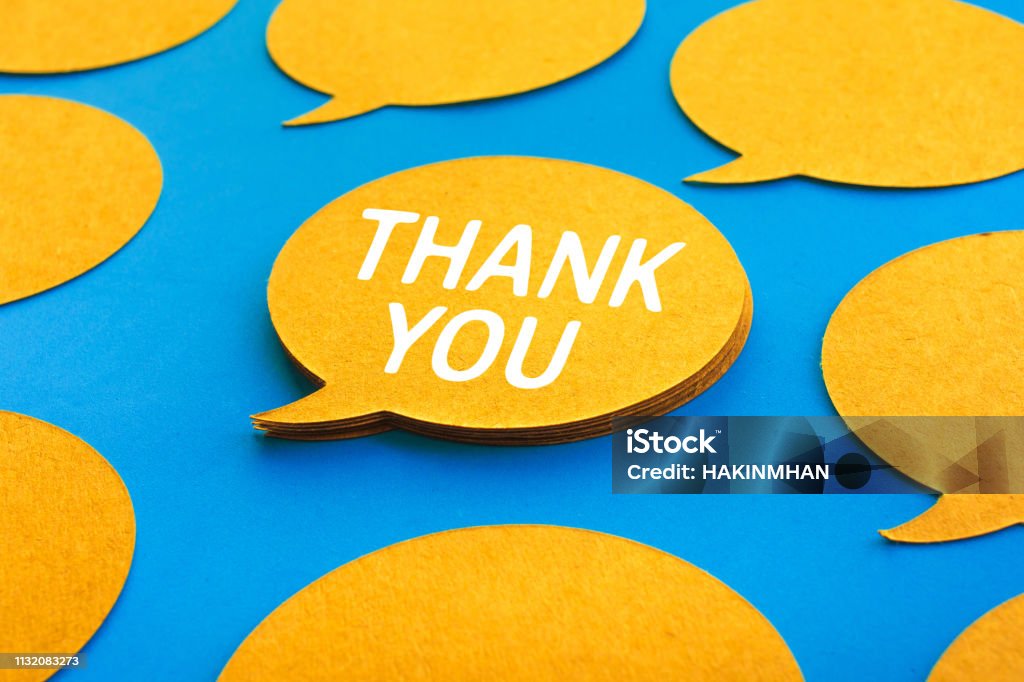 Thank you concepts with chat,speech bubble icons on blue color background Thank you concepts with chat,speech bubble icons on blue color background.Talking and  message for social media concepts ideas Thank You - Phrase Stock Photo