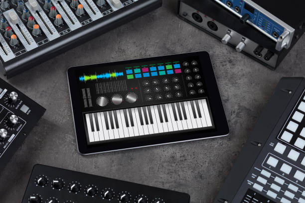 istock Piano app on tablet and musical instrument concept 1132083552