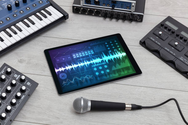 istock Music instruments and tablet with recording app 1132084342