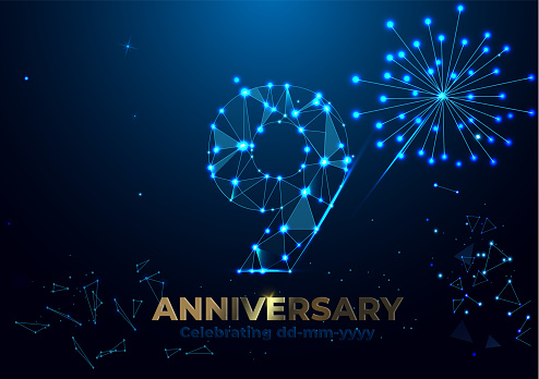 Anniversary 9. Geometric polygonal Anniversary greeting banner. gold 3d numbers. Poster template for Celebrating 9th anniversary event party. Vector fireworks background. Low polygon.