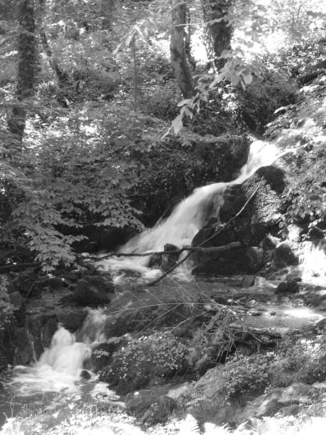 Hollow Waterfall small waterfall discovered during a hike in Creuse .photo taken in Black and white image en noir et blanc stock pictures, royalty-free photos & images