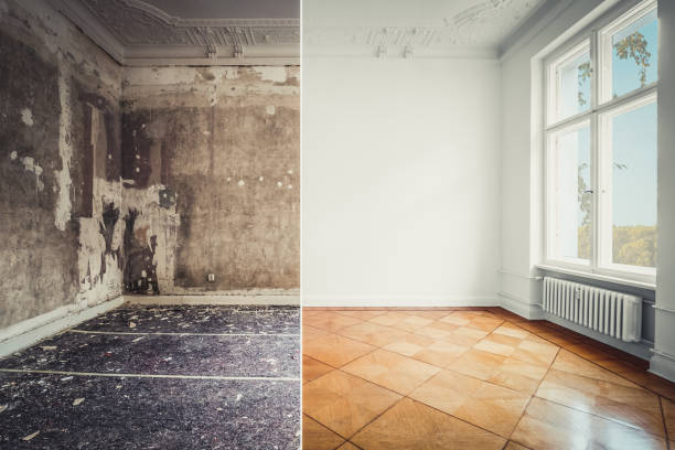 sala de apartamentos durante la renovación, antes y después de la restauración/renovación- - primed fotografías e imágenes de stock