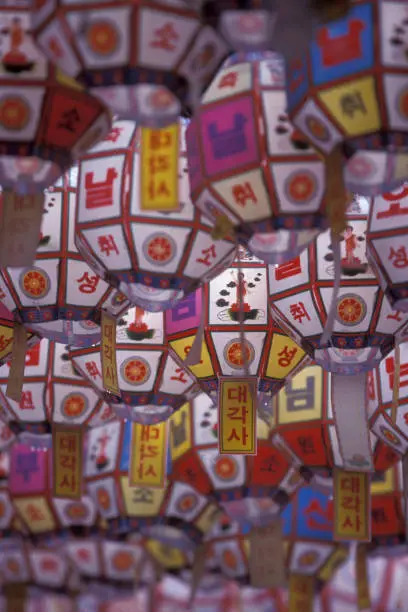 traditional lanterns at the Jogyesa temple in the city of Seoul in South Korea in EastAasia.  Southkorea, Seoul, May, 2006