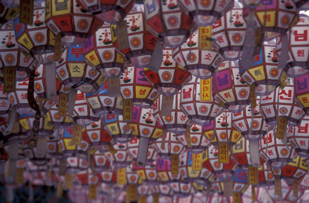 traditional lanterns at the Jogyesa temple in the city of Seoul in South Korea in EastAasia.  Southkorea, Seoul, May, 2006