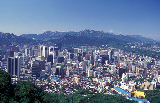 the view from the Seoul Tower in the city centre of Seoul in South Korea in EastAasia.  Southkorea, Seoul, May, 2006