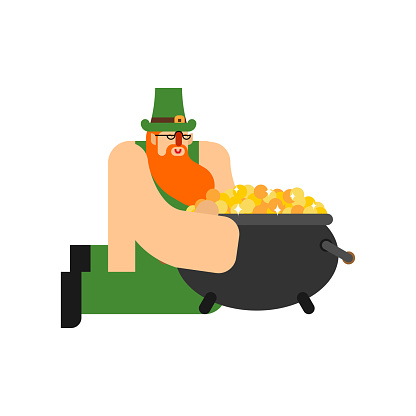 Leprechaun and Pot of gold. St. Patricks Day character. Irish holiday. Dwarf in green hat