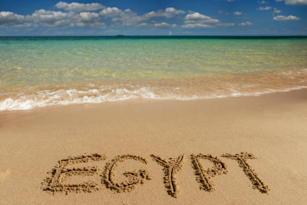 Egypt written on sand of beach.