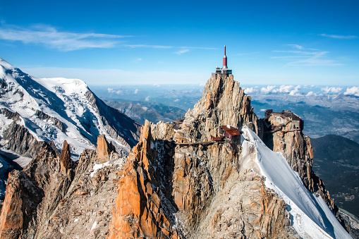 Beautiful landscape aerial view of Aiguille du Midi from Mont Blanc massif in french Alps mountains in autumn