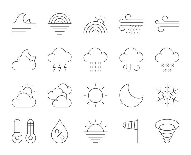 ilustrações de stock, clip art, desenhos animados e ícones de weather - thin line icons - light waving rainbow vector