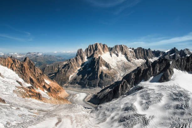 Beautiful landscape aerial view of old glacier from Mont Blanc massif in french Alps mountains in autumn stock photo