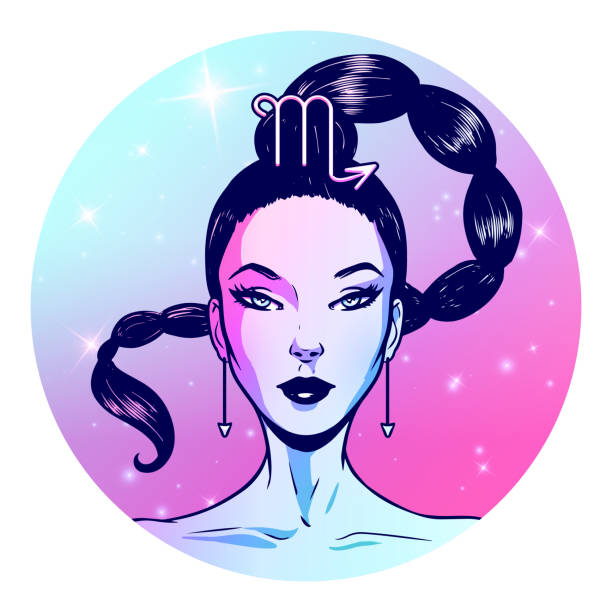 ilustrações, clipart, desenhos animados e ícones de arte-final do sinal do zodíaco do scorpio, face bonita da menina, símbolo do horoscope, sinal da estrela, ilustração do vetor - scorpio