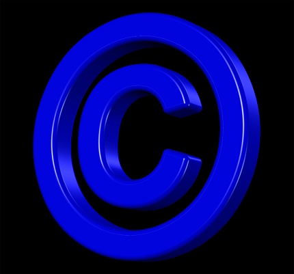 Blue 3D beveled copyrigt symbol, the famous letter C insite circle, isolated on black.
