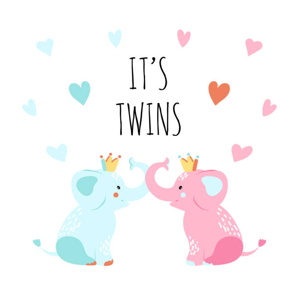 ベビーシャワー用のテンプレートカードをデザインします。かわいい面白い象と周りの心。「それは双子だ」というテキストの子供の誕生日のためのポスター。 - birthday card baby shower elephant cute点のイラスト素材／クリップアート素材／マンガ素材／アイコン素材