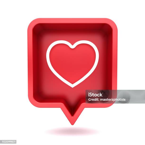 3d Social Media Notification Neon Love Like Heart Icon In Red Rounded Square Pin Isolated On White Background With Shadow 3d Rendering Stock Photo - Download Image Now