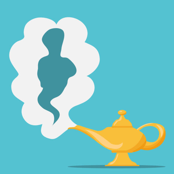 aladdin es magic lamp. vector-genie magie aladdin lampe mit weißem rauch als kopierraum. die goldene laterne auf blauem hintergrund. - magic lamp genie lamp smoke stock-grafiken, -clipart, -cartoons und -symbole