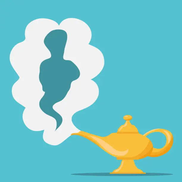 Vector illustration of Aladdin's Magic Lamp. Vector genie magic aladdin lamp with white smoke as a copy-space. Alladin golden lantern on blue background.