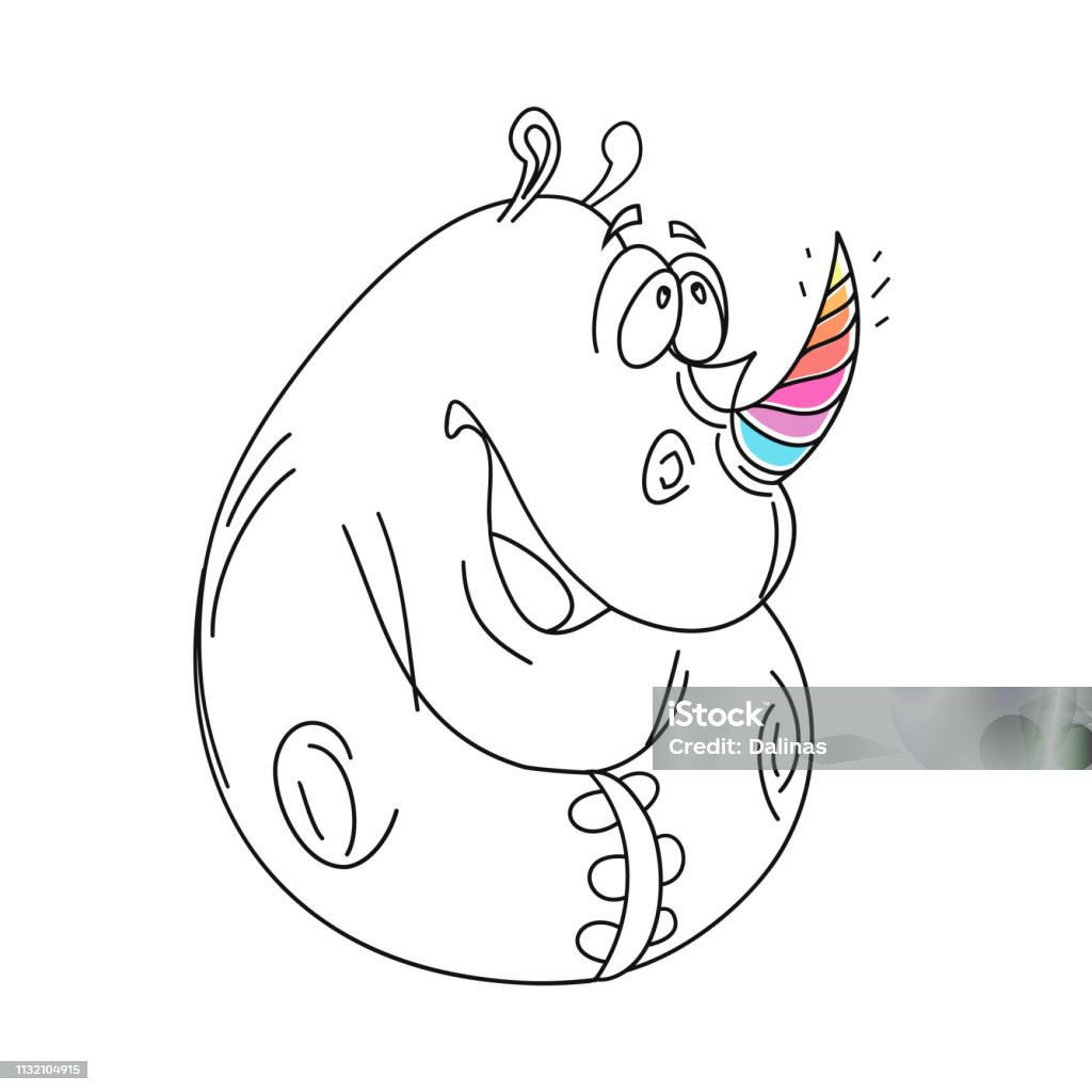Rhino with a unicorn horn. Funny cartoon children's illustration. Rhino is a fat unicorn' funny vector. Linear vector illustration in a linear style Animal stock vector
