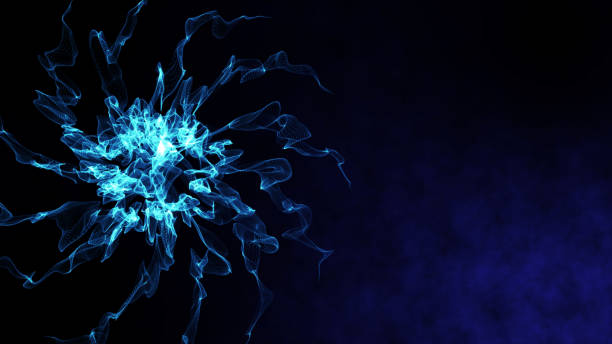 istock Dynamic powerful spiritual energy, beautiful neon flame light particulars growing in the space, opening presentation background, blue theme 1132105072
