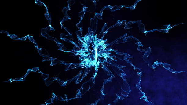 istock Dynamic powerful spiritual energy, beautiful neon flame light particulars growing in the space, opening presentation background, blue theme 1132105104