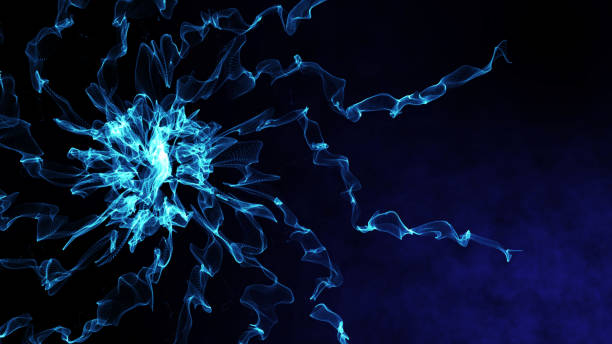istock Dynamic powerful spiritual energy, beautiful neon flame light particulars growing in the space, opening presentation background, blue theme 1132105133