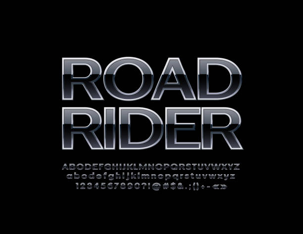 wektor cool znak road rider z czarnym i srebrnym czcionką. błyszczący metaliczny alfabet - chrome bicycle badge sign stock illustrations