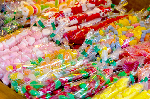 Assorted sweets and candies in the shop awaiting for childrens