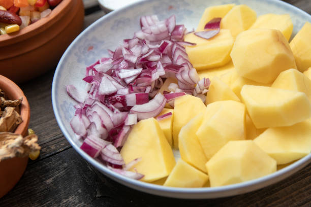 istock Sliced potato and onion on ceramic plate 1132106110