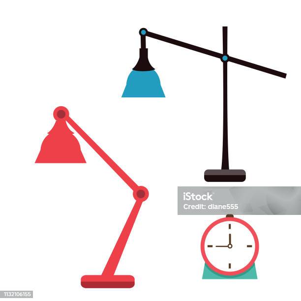 Retro Desk Lamps And Clock Stock Illustration - Download Image Now - Blue, Clock, Color Image