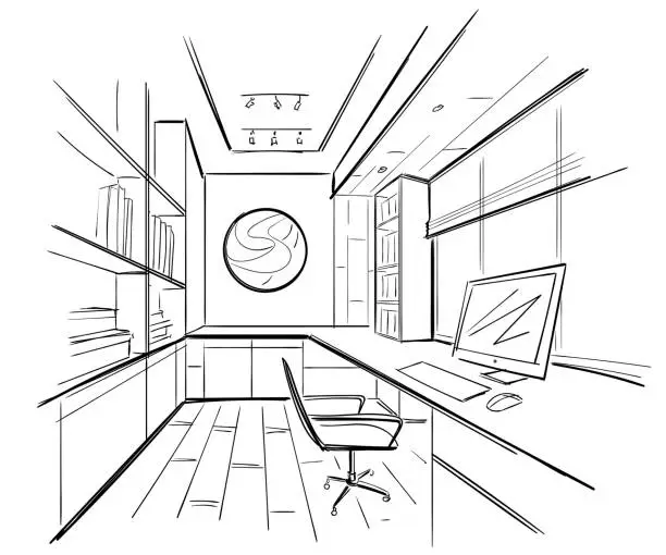 Vector illustration of Office in a sketch style. Hand drawn office furniture. Vector illustration.