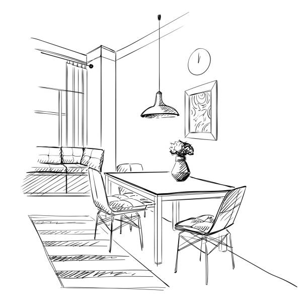 Contemporary kitchen modern interior. Illustration of kitchen with table. kitchen drawings stock illustrations