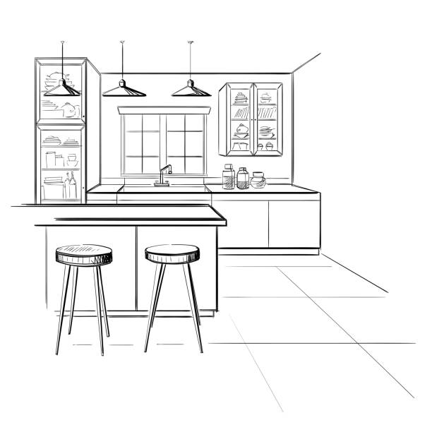 Interior sketch of modern kitchen with island. Interior sketch of modern kitchen with island. kitchen drawings stock illustrations
