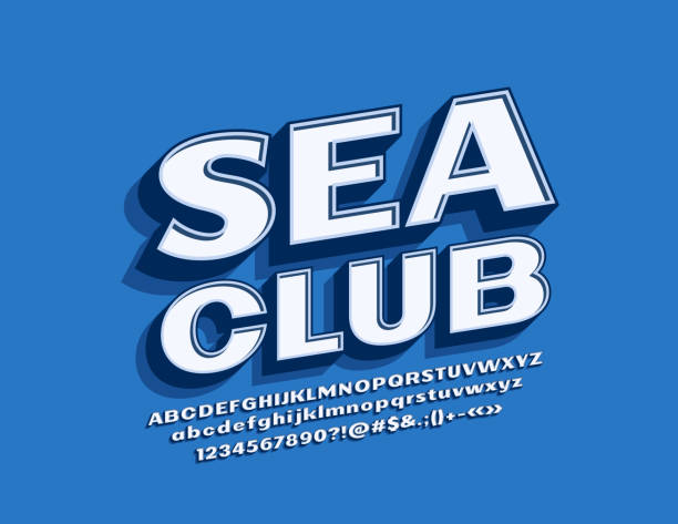 illustrations, cliparts, dessins animés et icônes de vector style rétro label sea club avec 3d élégant blanc lettres de l'alphabet - isometric nautical vessel yacht sailboat