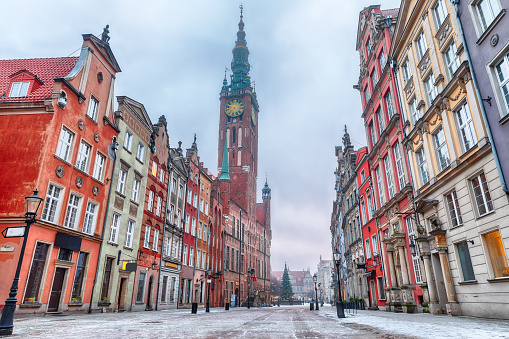Gdansk Town Hall in winter in Poland, morning view.